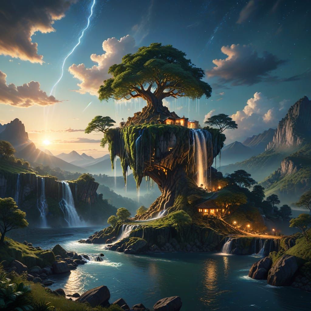 Floating Island with Tree and Waterfall in Golden Hour