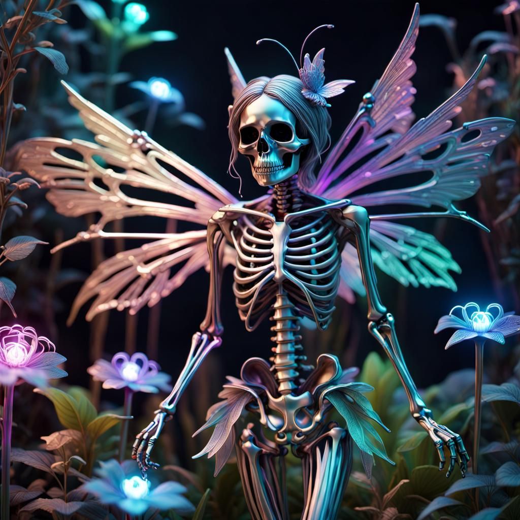 Metallic Skeleton Fairy in Neon Garden - 3D Render