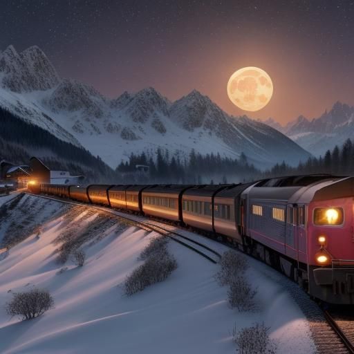 Austrian Alps Train at Night in Hyperreal Detail