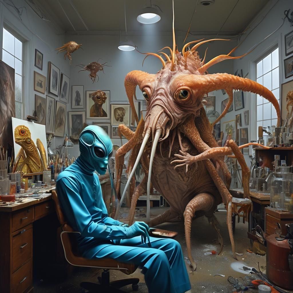 Surreal Portrait in Cluttered Art Laboratory, Hyperrealism