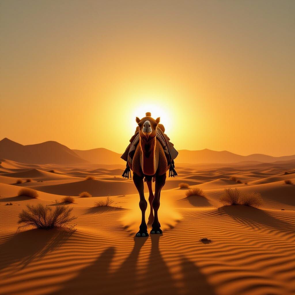 Majestic Camel in Arid Desert at Golden Hour