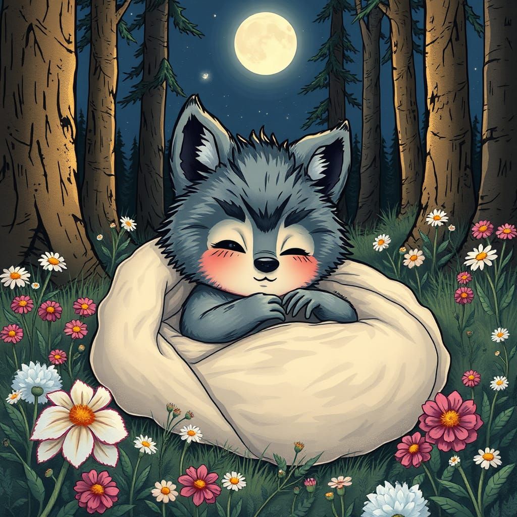 Adorable Wolfman Infant in Dreamy Children's Book Style