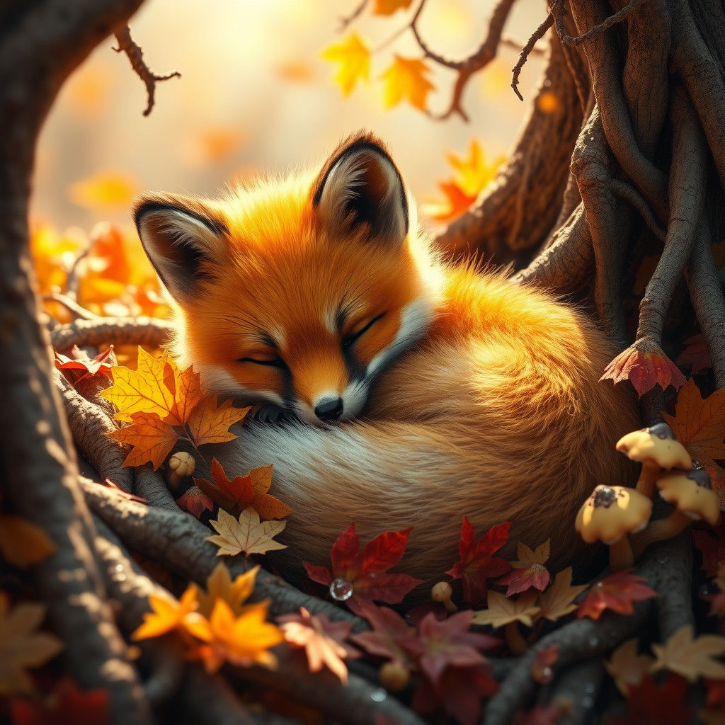 Whimsical Autumn Fox Puppy in Golden Leaves