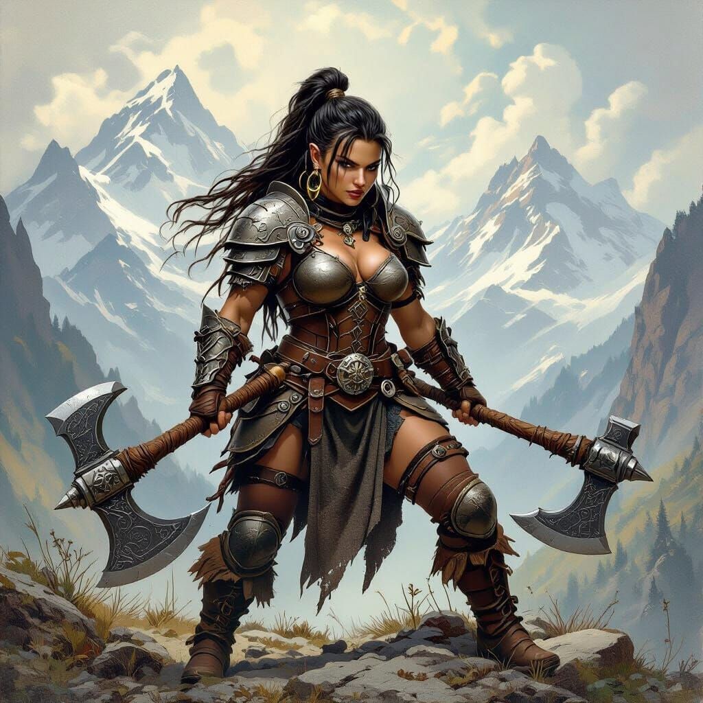 Female Dwarf Warrior in Mystical Landscape