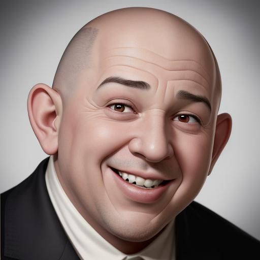 Curly Howard:
Completely bald head, with a smooth, shiny pate.
Wide eyes with thick black outlines, one perpetually rais...