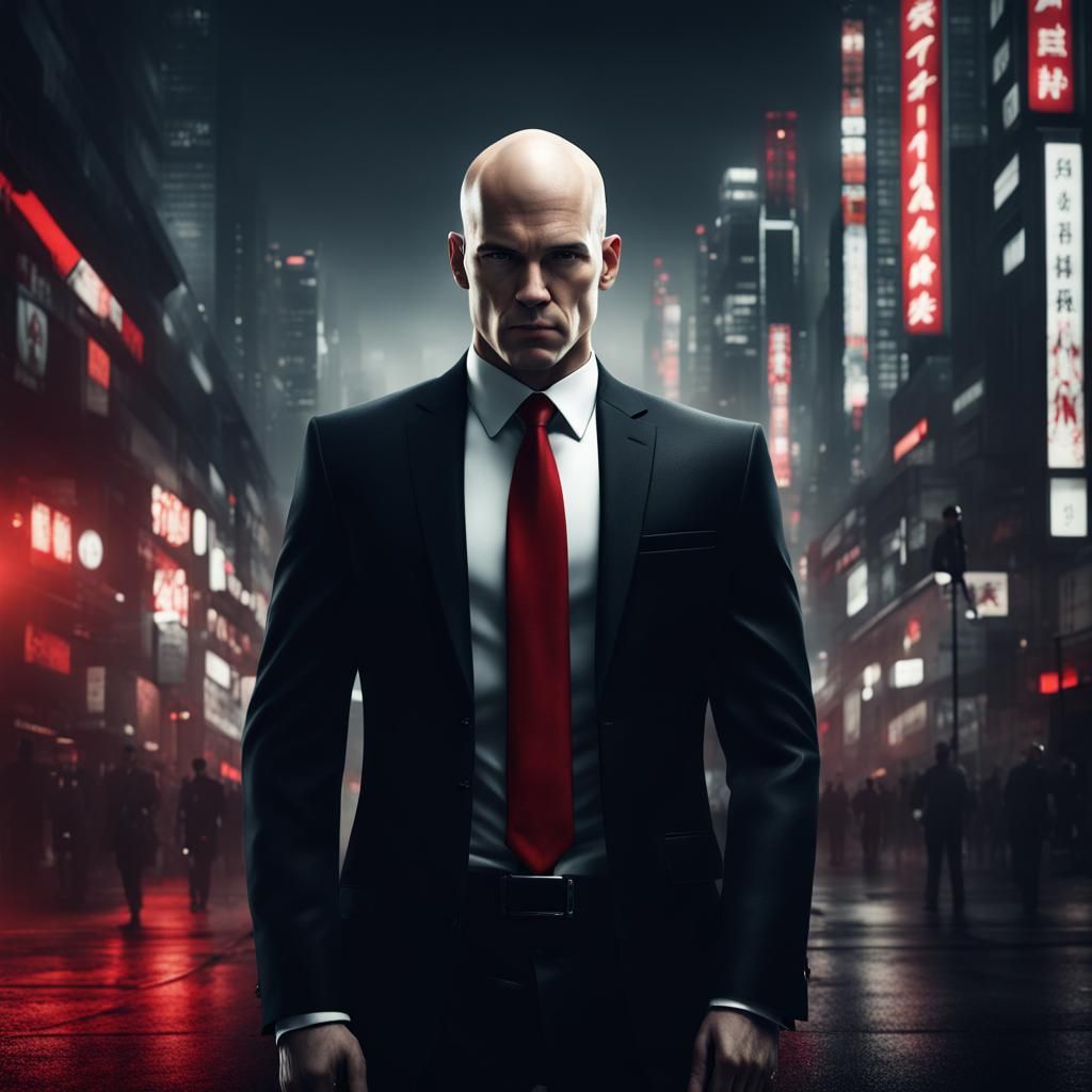 Agent 47 Portrait in Dark Tokyo Atmosphere