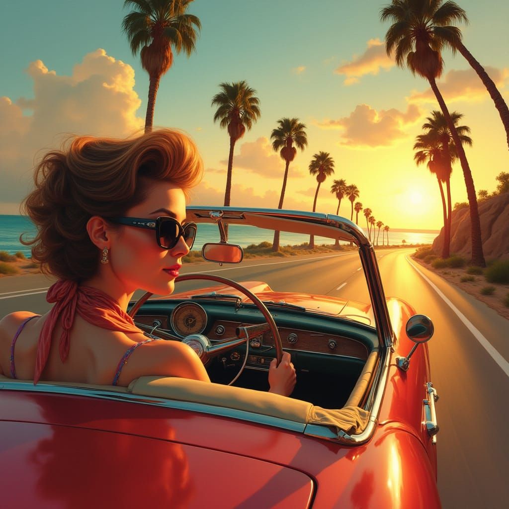 Vintage Convertible at Sunset in Elvgren-Mead Style