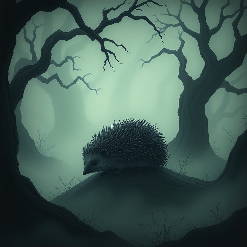 Mysterious Hedgehog in Haunting Foggy Landscape