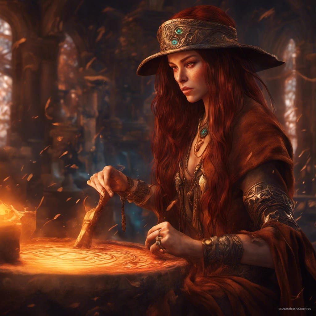 Amazonian Sorceress Casting Runes in Hyperrealistic Style