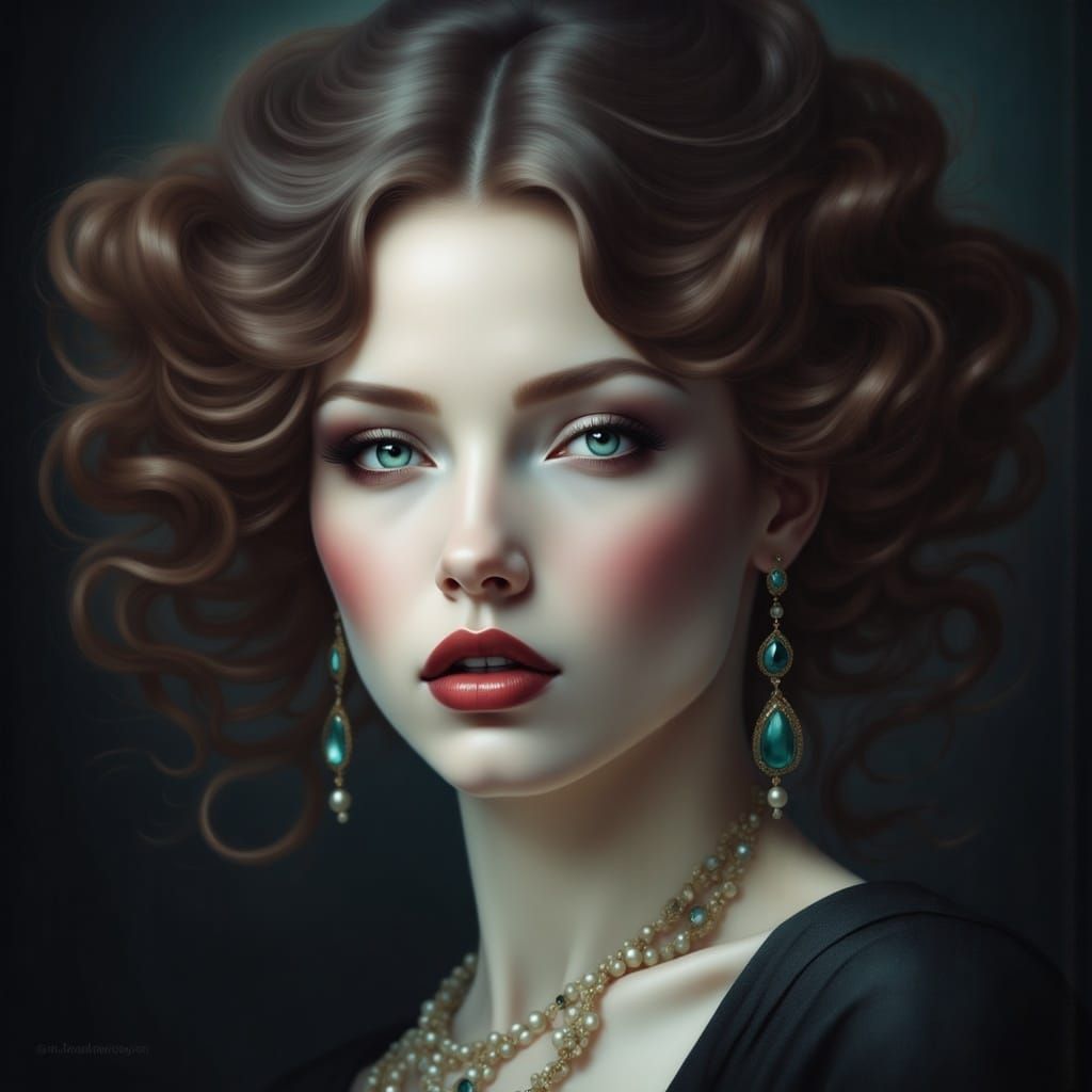 Gothic Beauty with Dark Red Lipstick and Voluminous Brown Cu...