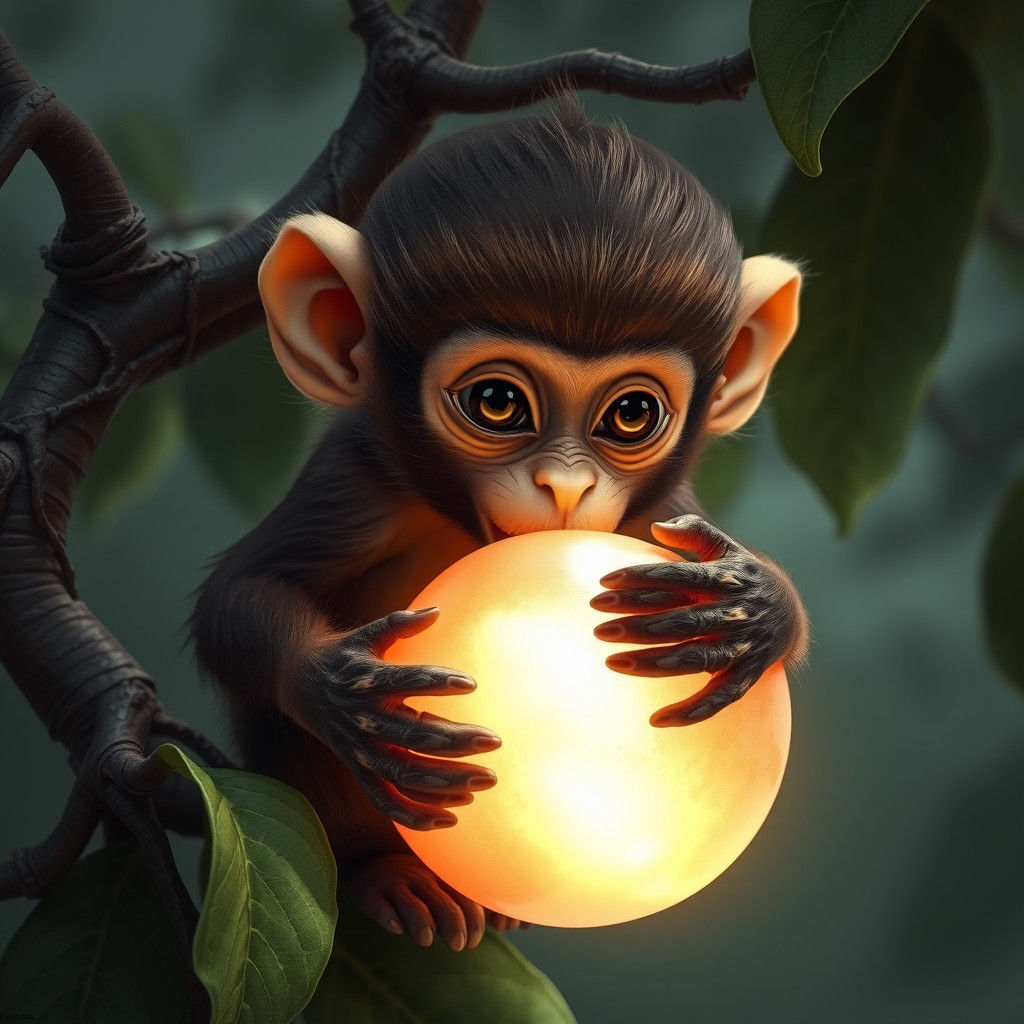 Baby Monkey Eating Glowing Peach: High-Fantasy Matte Paintin...