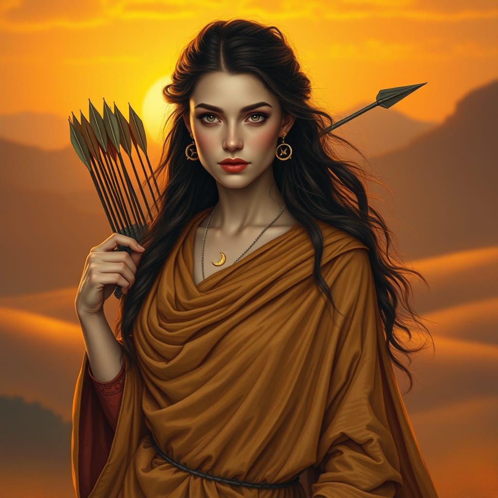 Realistic Sagittarius Zodiac Goddess with Arrows and Bow