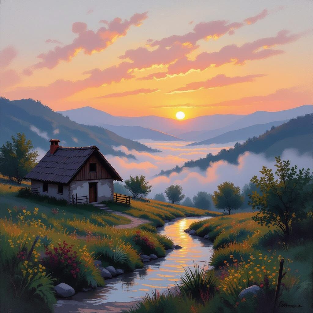 Mountain Village at Dawn in Impressionist Style