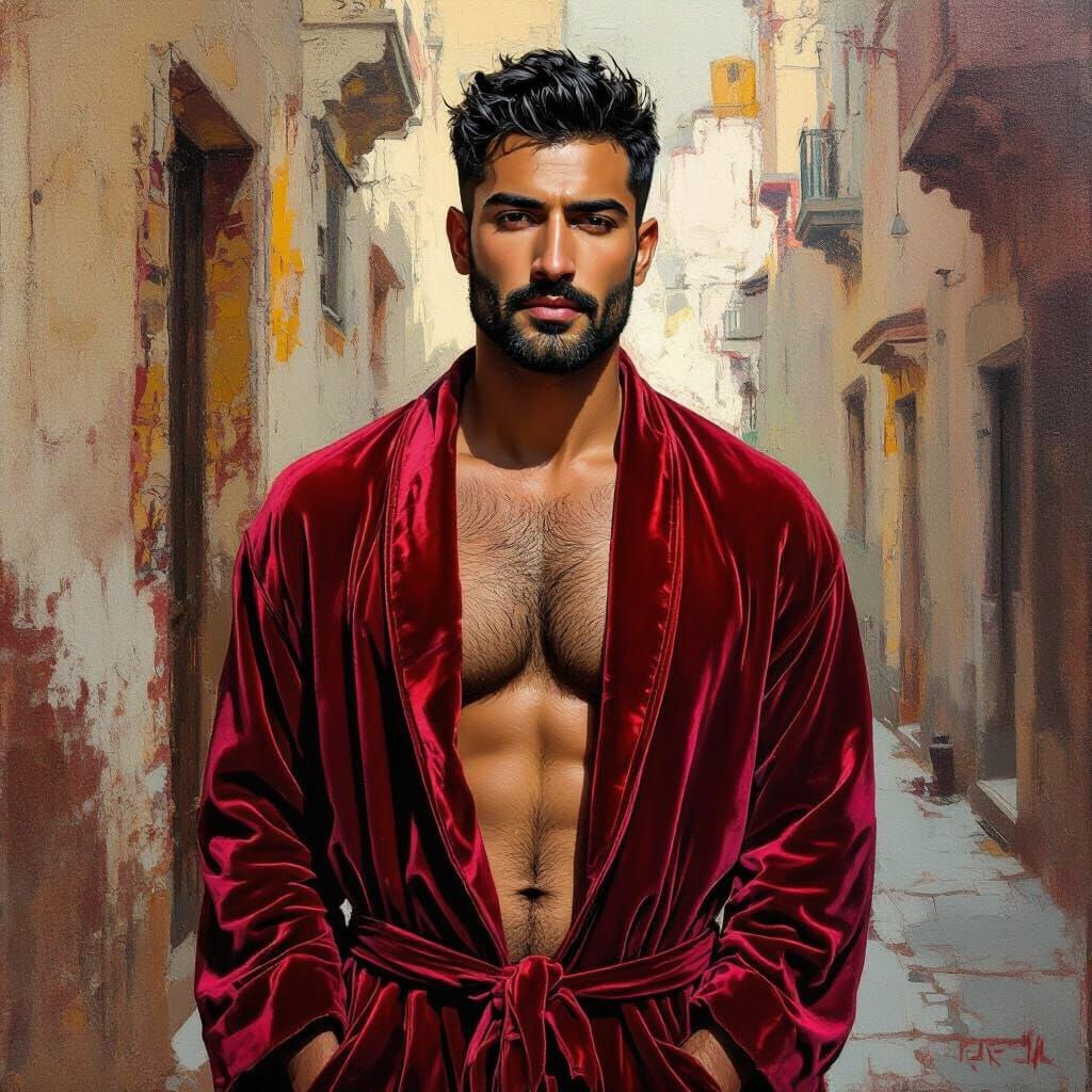 Expressionist Portrait of Man in Red Robe as Impasto Paintin...