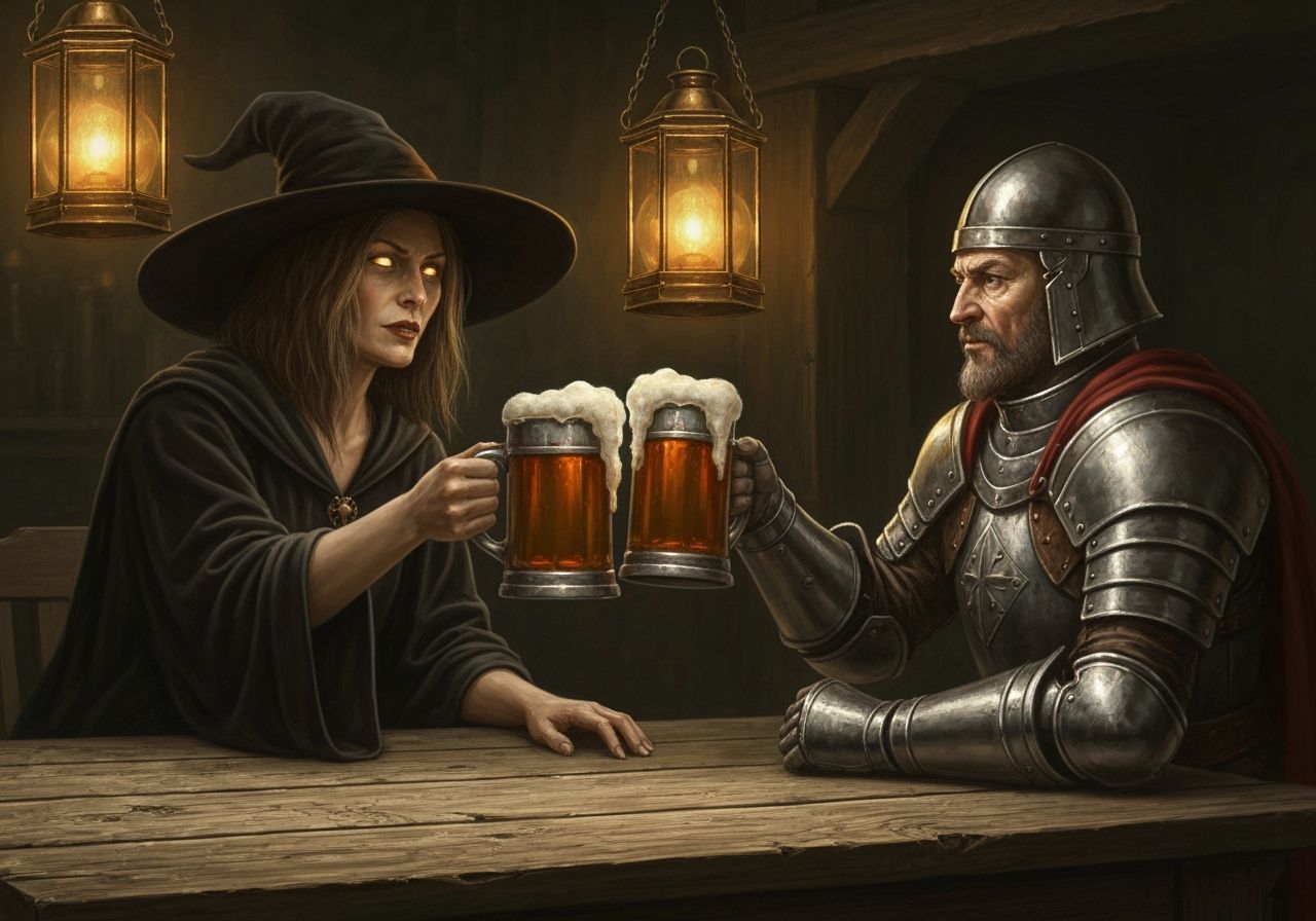 Witch and Inquisitor Toasting in Dim Tavern