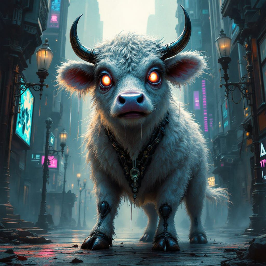 Iridescent Cow in Dystopian Biopunk Metropolis