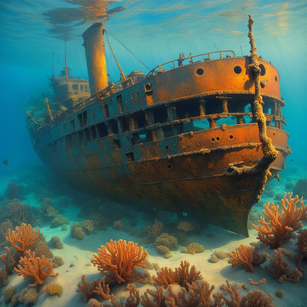 Surreal Underwater Shipwreck in Dreamy Evening Light