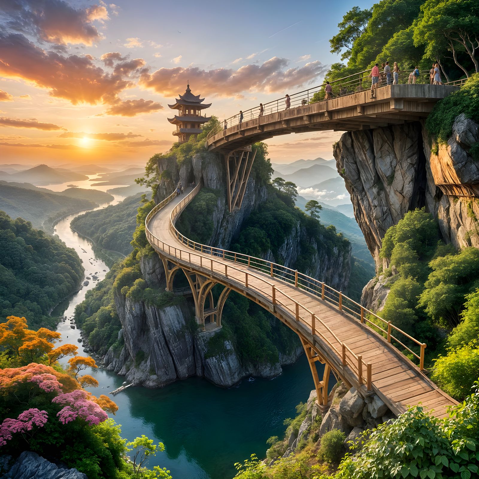 Majestic Golden Bridge Held by Stone Hands Amidst Mountainou...