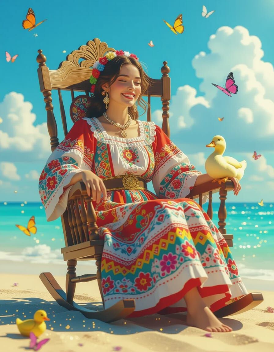 Woman in Rocking Chair on Beach as 3D Render