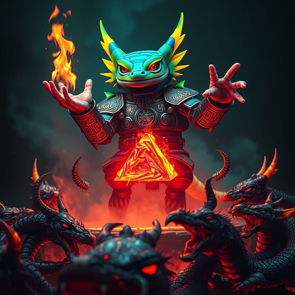 Mystical Axolotl Warlock Ascends Amidst Fiery Abyss