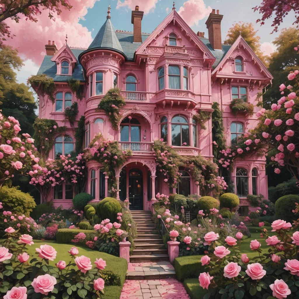 Hyperrealistic Pink Victorian Home with Rose Garden