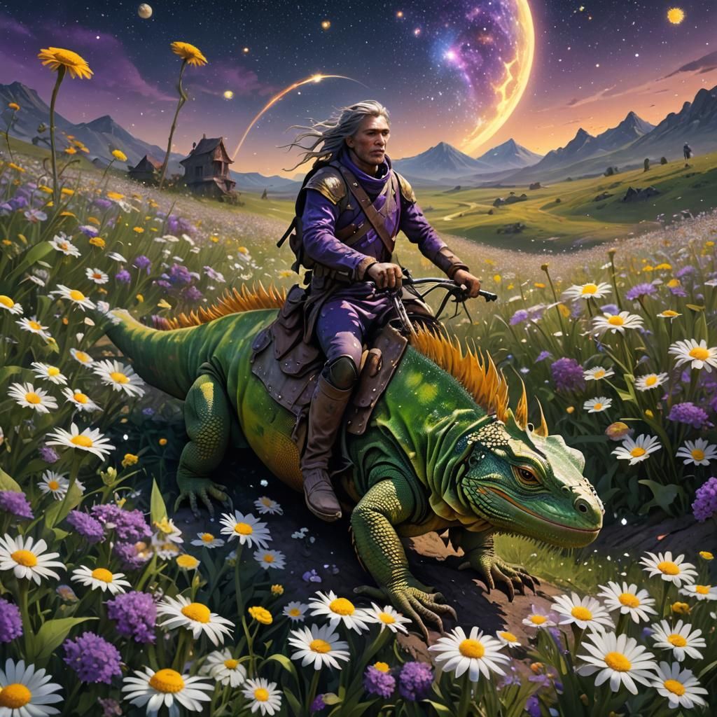 Iguana Rider in Starry Daisy Field