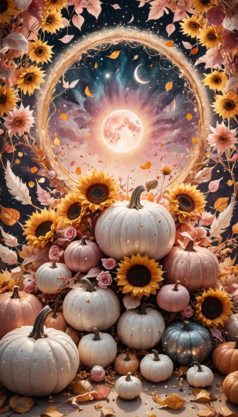 Cosmic Autumn Blooms: Roses and Sunflowers, Astral Illustrat...