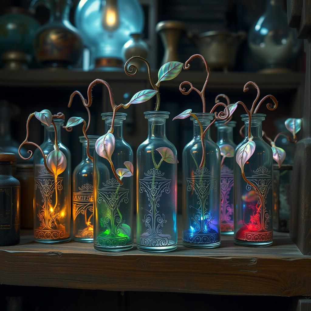 Rainbow Vials with Alien Plants in Alchemy Shop