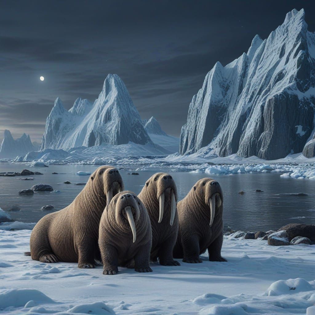Walruses on Arctic Shore in Ethereal Moonlight