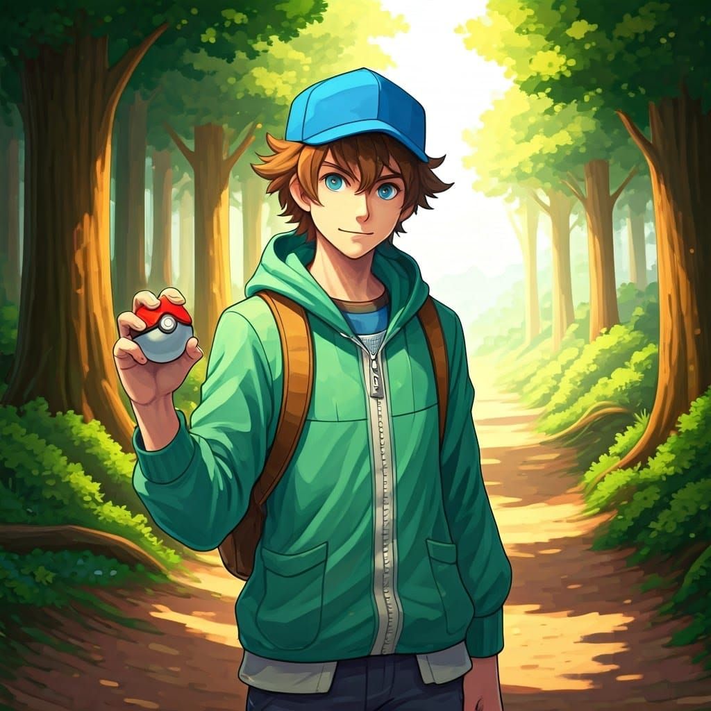 Pokémon Trainer in Lush Forest, Digital Painting