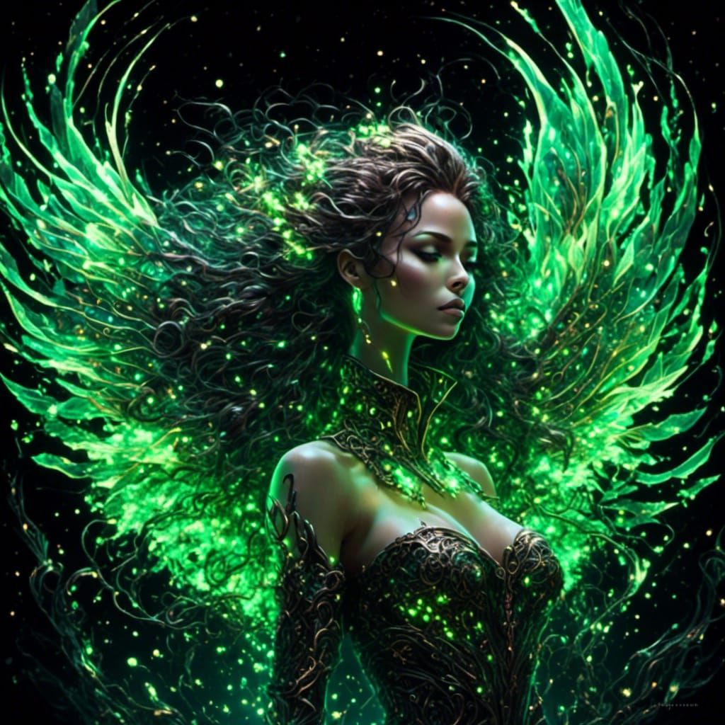 Neon Flame Haired Woman in Dark Fantasy Style