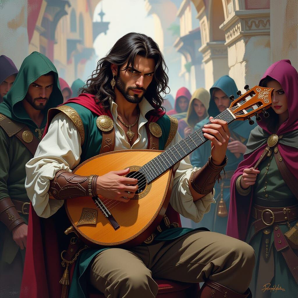 Attractive Bard Playing Lute in 90s Fantasy Art