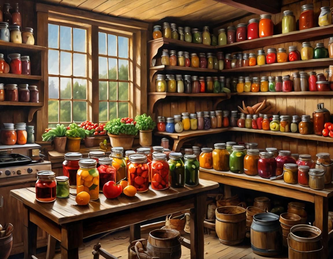 Rustic Kitchen Scene with Colorful Jars in Oil Painting