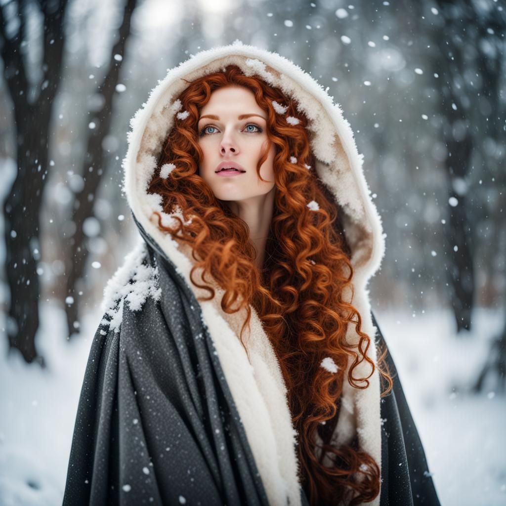 Red-Haired Girl Watching Snowfall on Winter Day