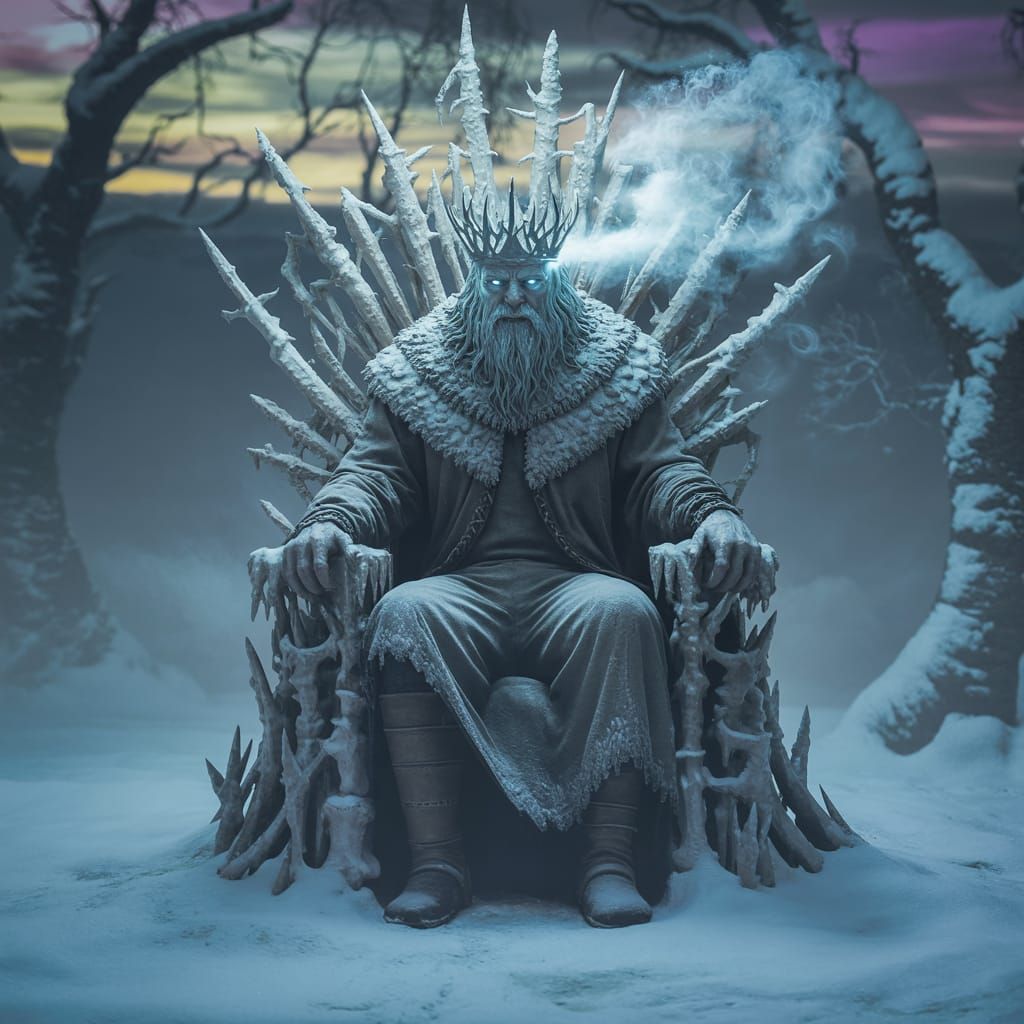 Sinister Winter King on Bone Throne in Frozen Forest
