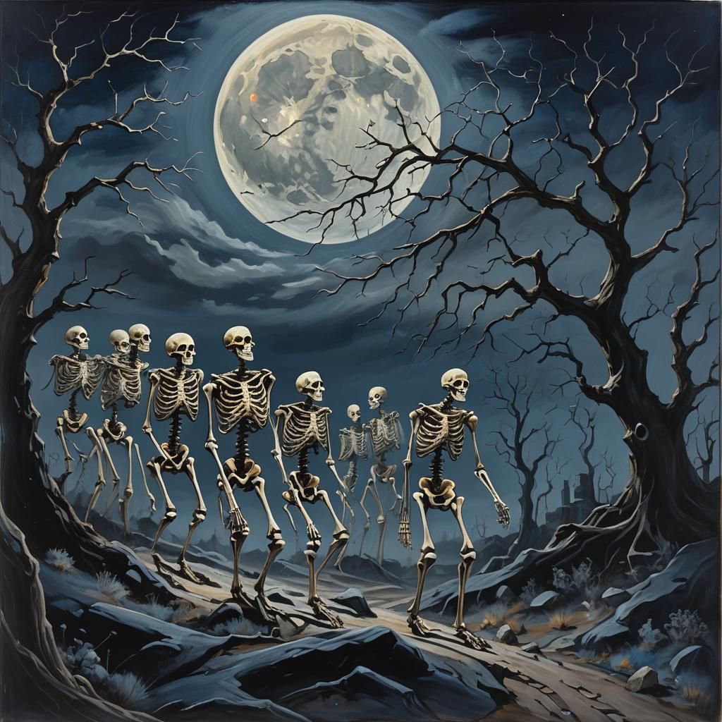 Ethereal Skeletons Dance Under Moonlight: Gothic Oil Paintin...