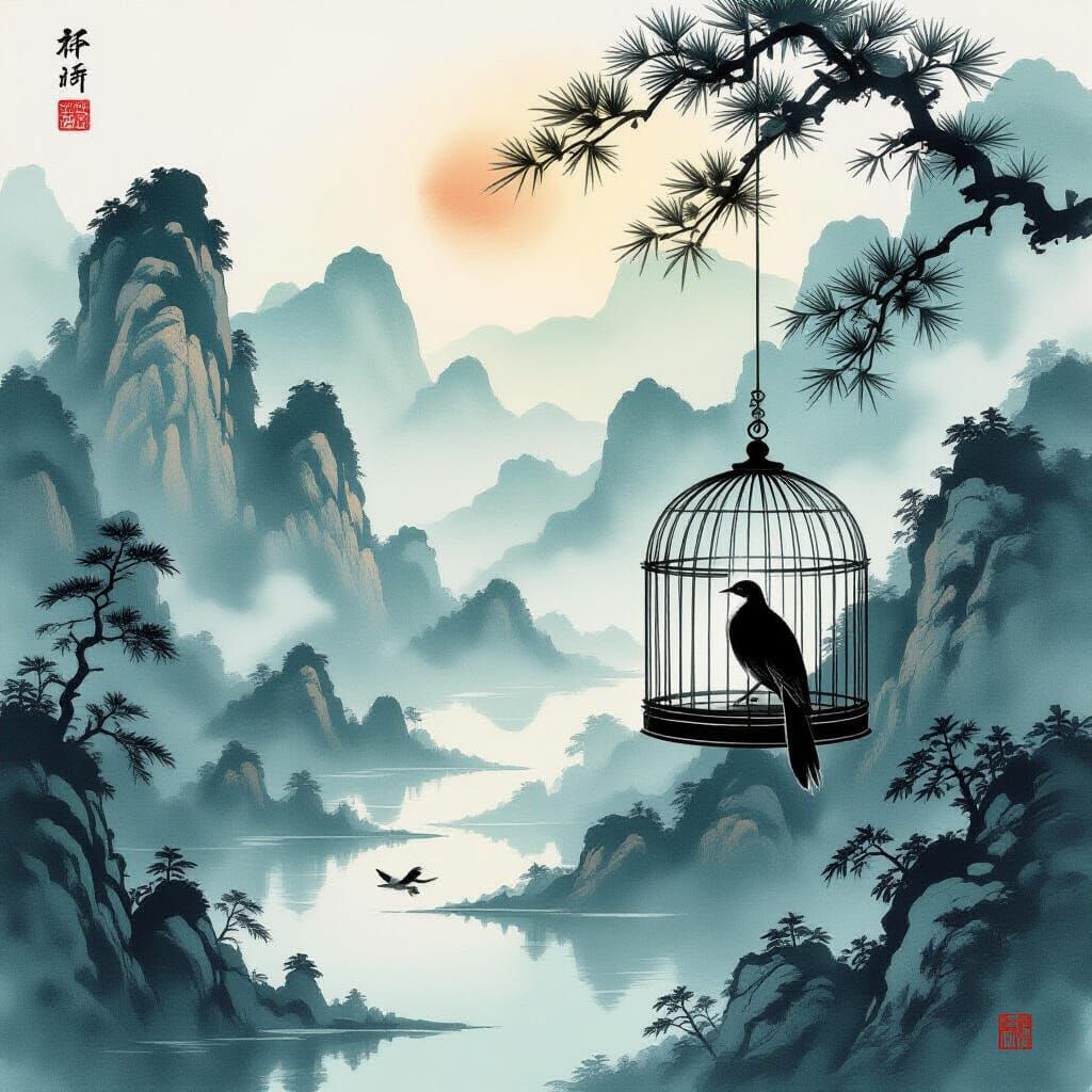 Meditative Bird in Japanese Ink Wash Valley