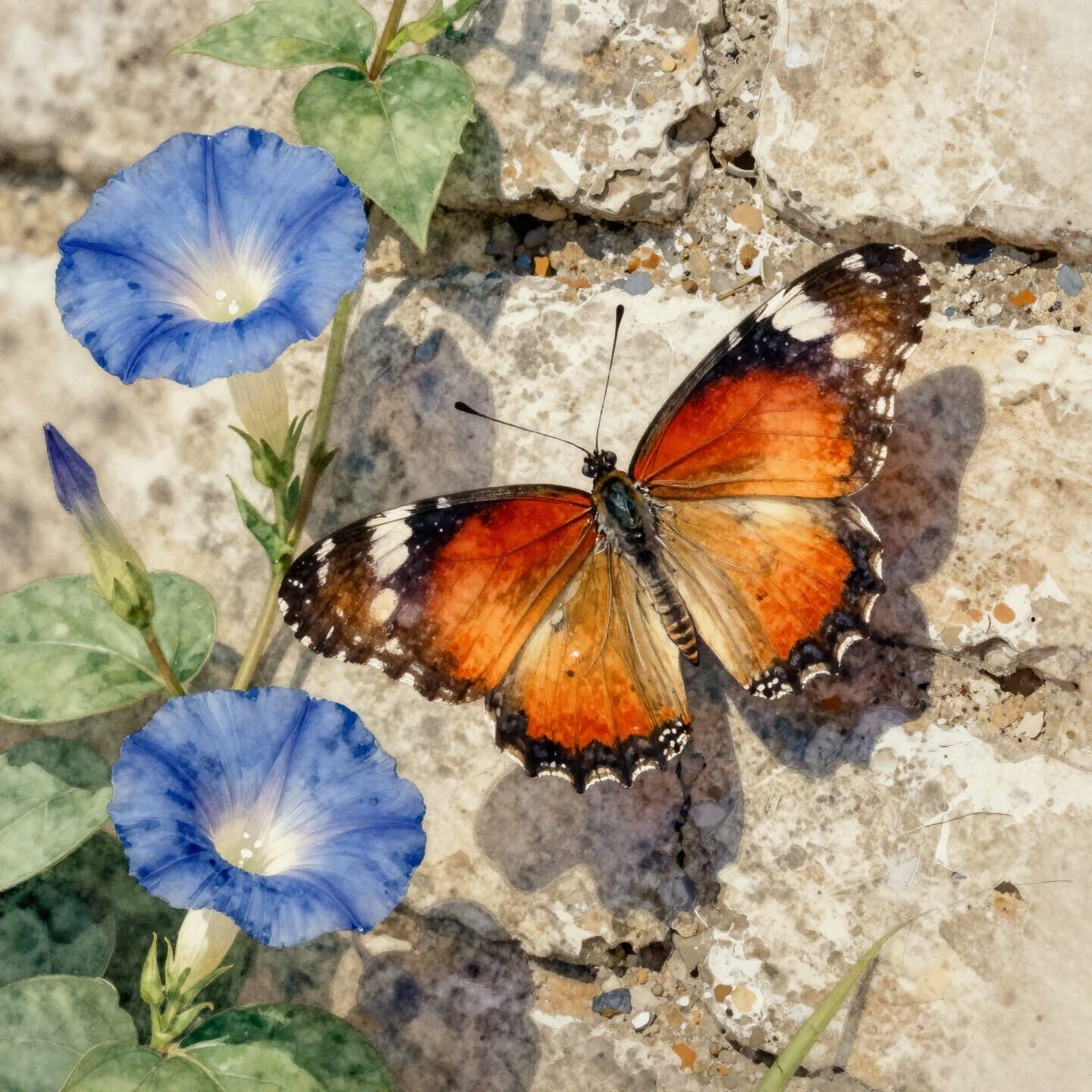 Beautiful Butterfly on Rustic Wall Watercolor Painting