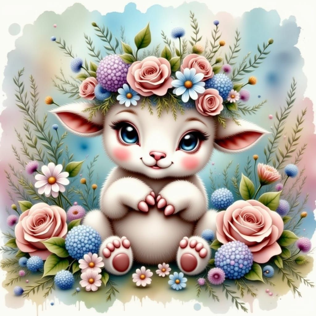 Cute Baby Lamb in Flower Crown Watercolor Illustration
