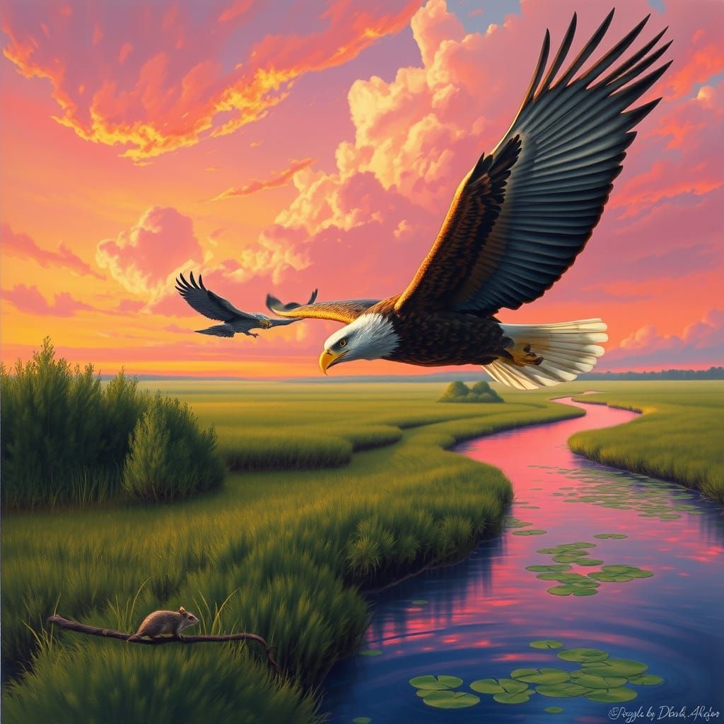Golden Eagle Hunting Above Marsh at Sunset