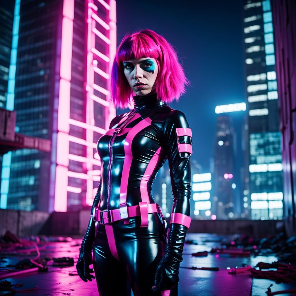 Pink-Haired Heroine in Neon Cityscape