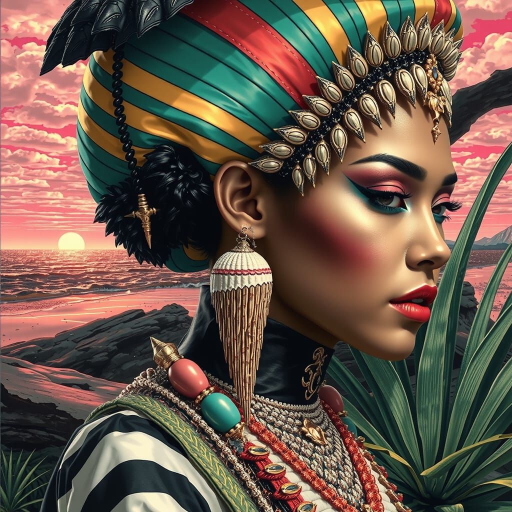 Psychedelic Carnival Woman & Old Man by the Sea