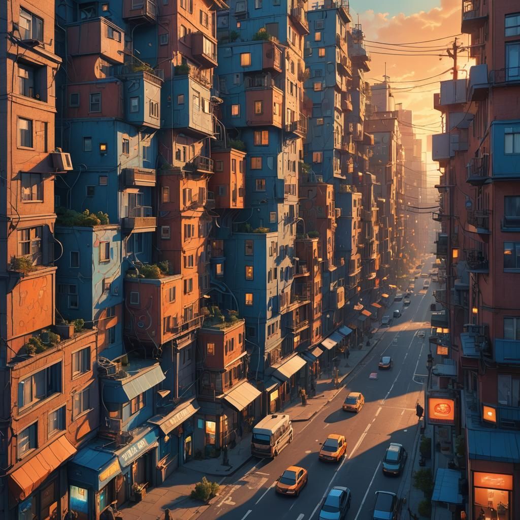 Doodle-Covered Walls in City Street at Sunset