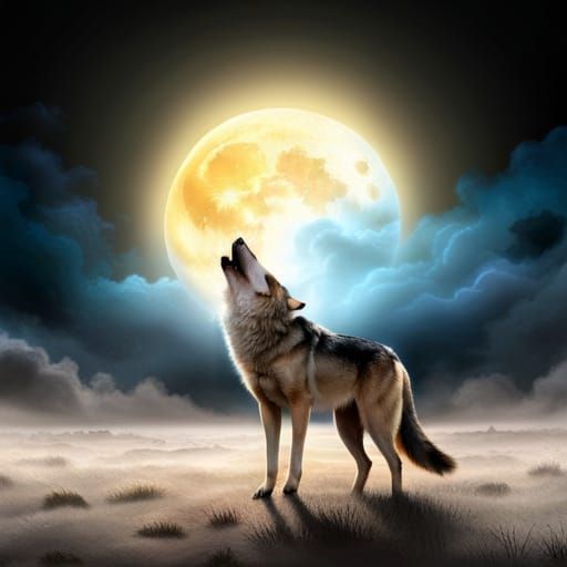 Wolf Howling at Moon in Digital Art