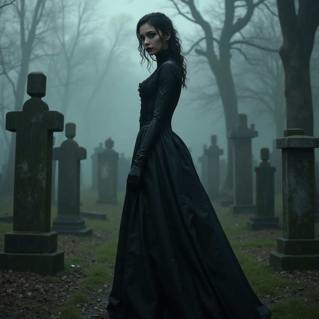 Melancholic Gothic Woman in Cemetery Scene