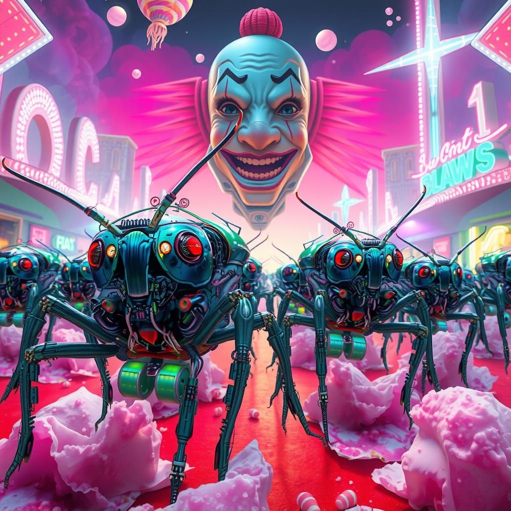 Cyber Cockroaches Parade in Surreal Amusement Park
