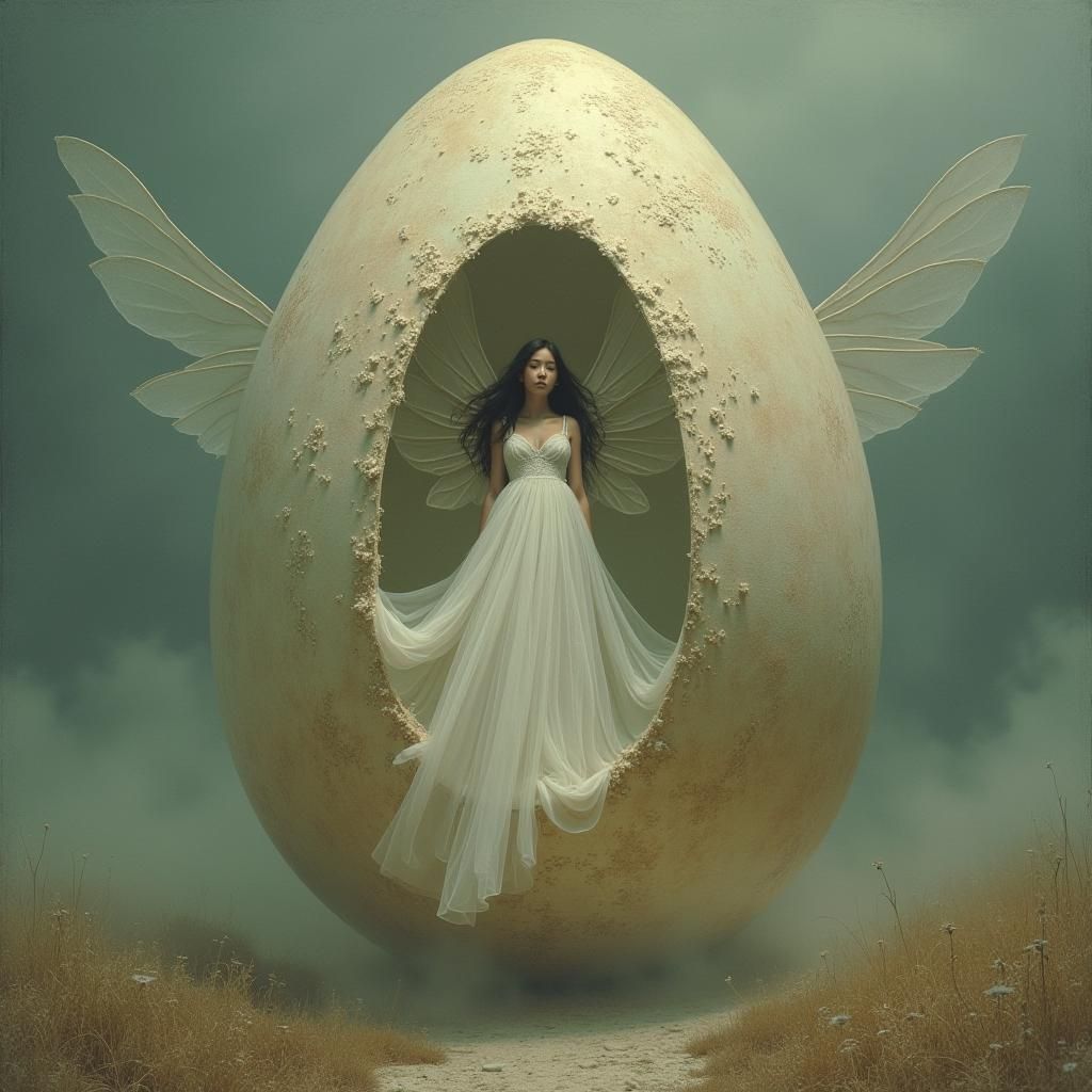 Woman Emerges from Egg in Dreamlike Scene