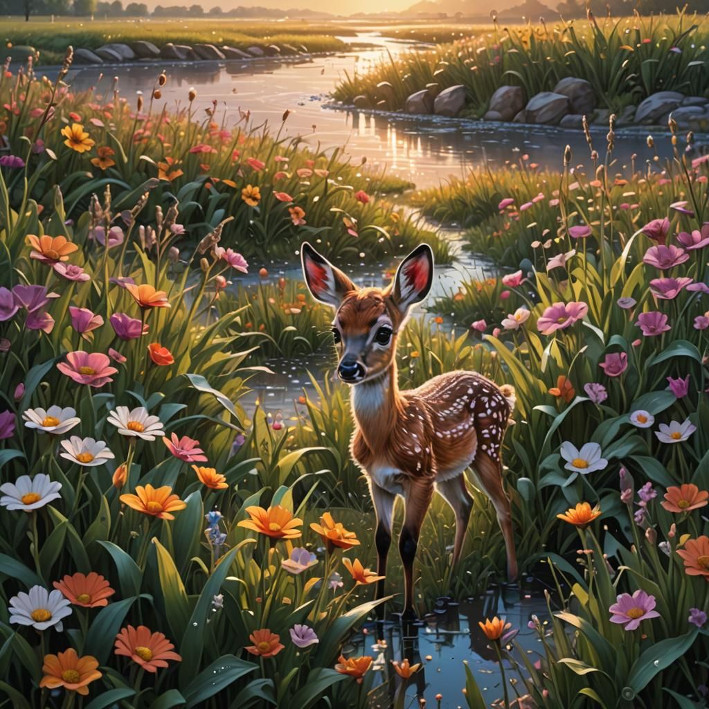 Hyperrealistic Flower Field at Dawn with Baby Deer