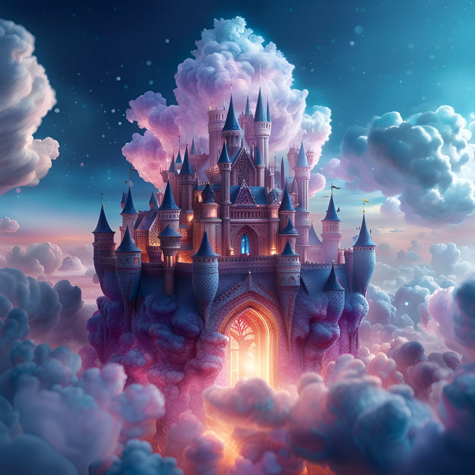 Magical Cloud Castle with Luminous Crystals