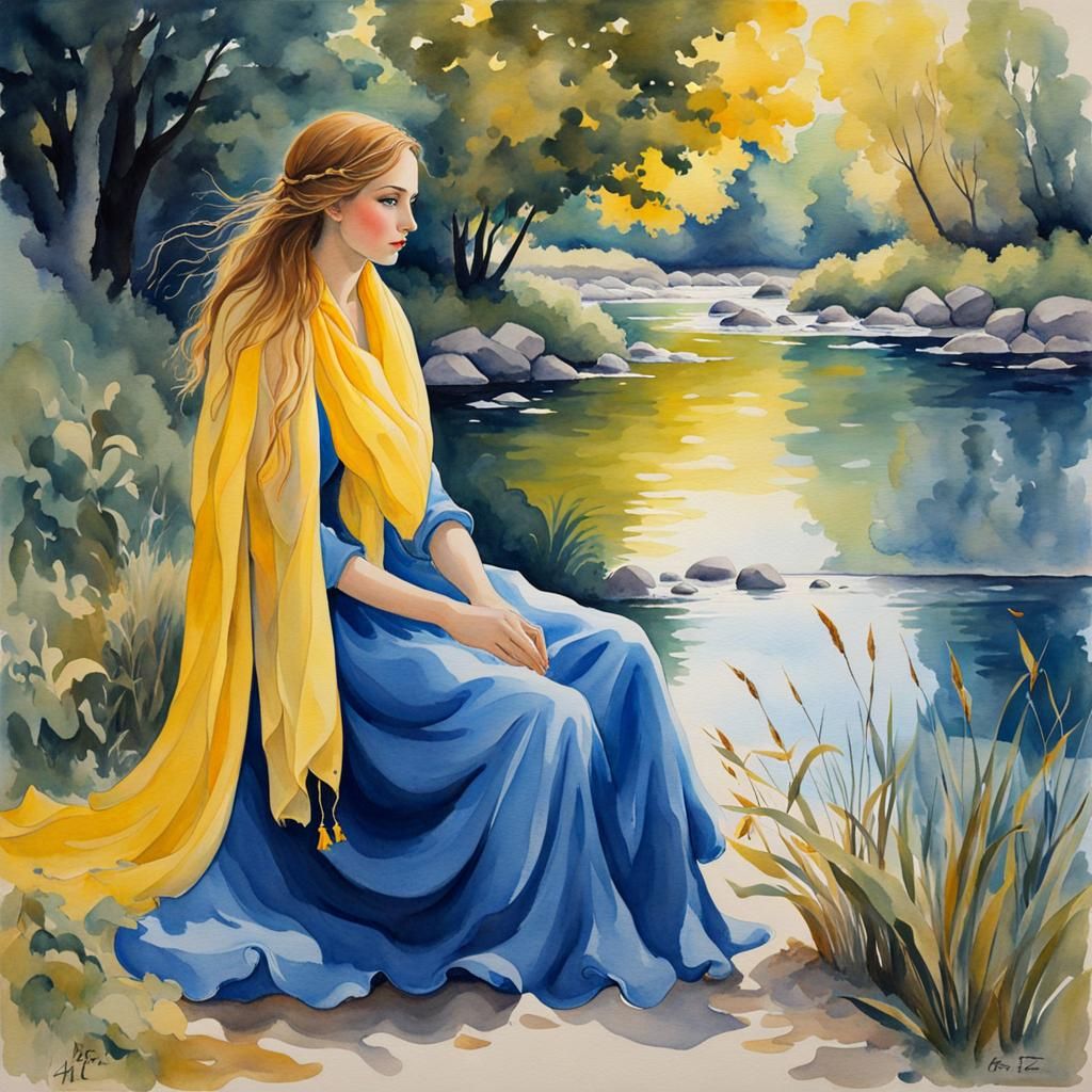 Watercolor Woman in Blue by Riverbank